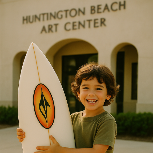 Gabriel Machado aos cinco anos com sua primeira prancha na praia de Huntington Beach