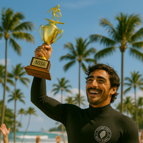 Gabriel Machado com troféu da NSSA em pódio de campeonato juvenil