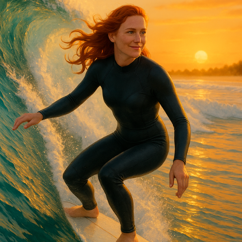 Surfista ruiva deslizando suavemente em uma onda ao pôr do sol.