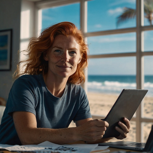Mulher ruiva editando vídeos em laptop próximo à janela, com prancha ao fundo.