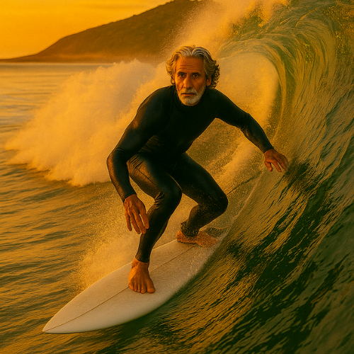 Surfista goofy em uma onda longa e perfeita