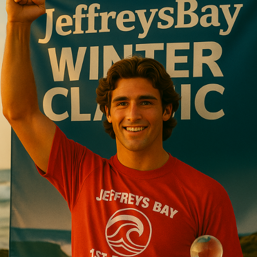Surfista recebendo troféu com sorriso discreto
