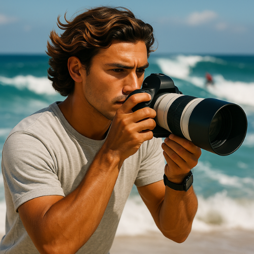 Homem em paisagem natural segurando prancha e câmera, contemplando o mar
