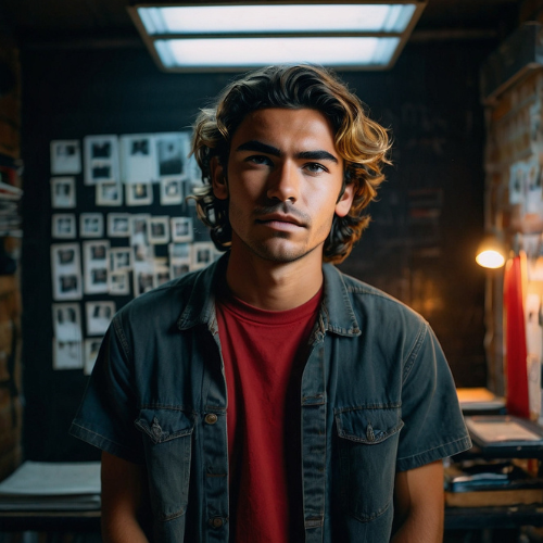 Homem com laptop e câmera digital, em ambiente criativo com fotos de surf ao fundo