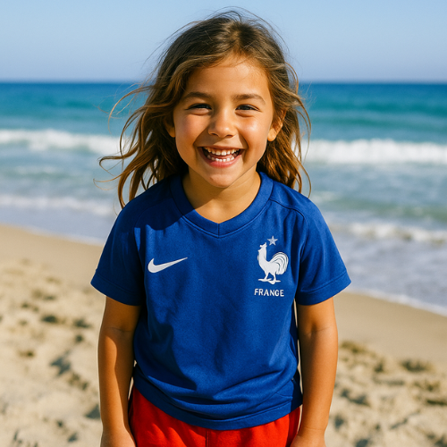Surfista criança na praia segurando uma prancha em Biarritz