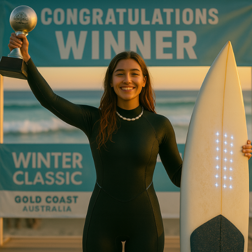Jovem surfista comemorando vitória em campeonato de surf