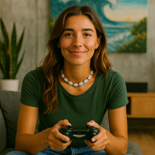 Surfista jovem segurando controle de videogame em ambiente com temática praiana
